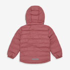 A pink waterproof puffer jacket, seen from the back. It has a hood and long sleeves with elasticated cuffs.